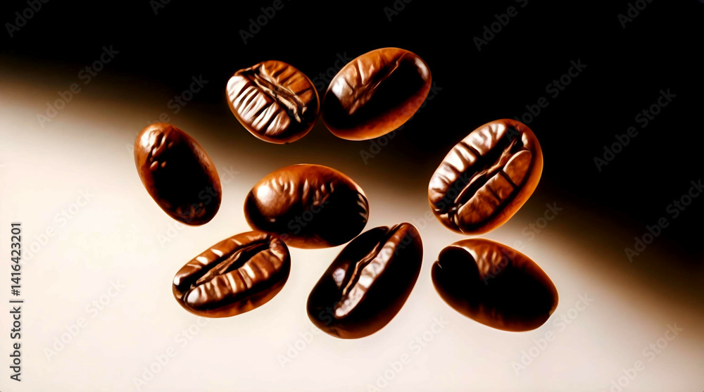 Close-up of roasted coffee beans floating in the air above scattered beans on a white background with large copy space. Concept of freshness energy and coffee dynamics. Close-up of roasted coffee beans floating in the air above scattered beans on a white background with large copy space. Concept of freshness energy and coffee dynamics.