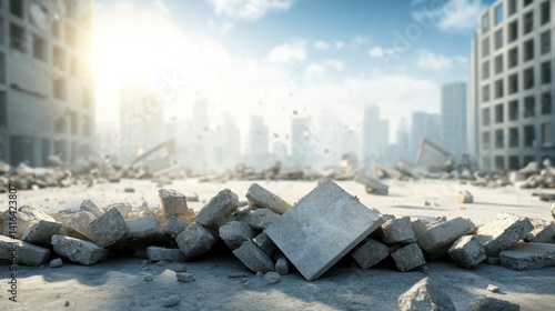 Scattered concrete debris lies among the damaged buildings of a deserted cityscape following an earthquake or other devastating natural disaster, sunny sky above.