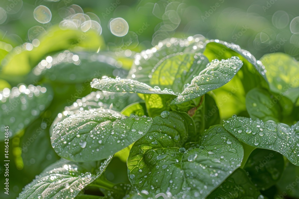 Close-Up of Lush Green Spinach Leaves with Sparkling Water Droplets in Morning Sunlight Close-Up of Lush Green Spinach Leaves with Sparkling Water Droplets in Morning Sunlight