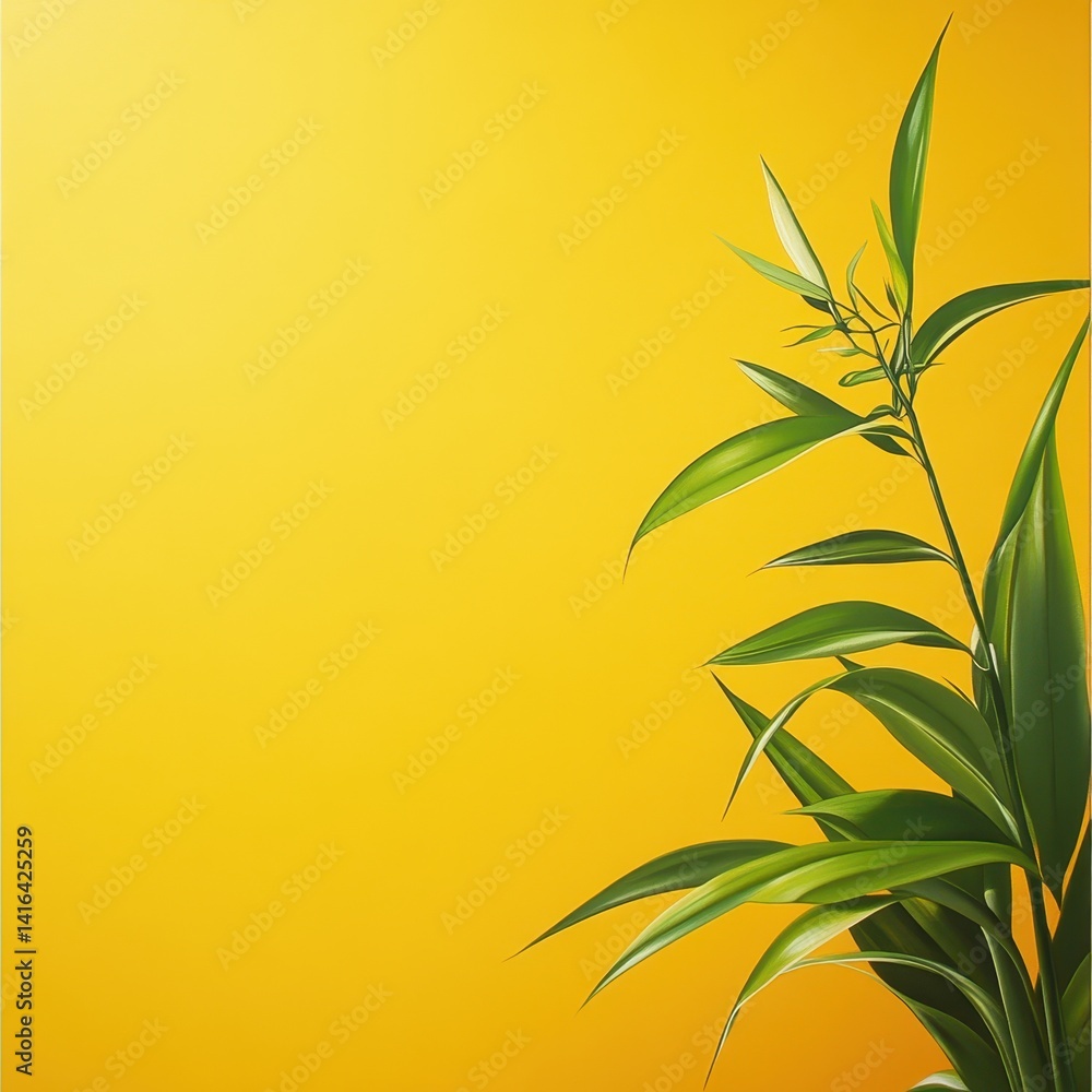 Vibrant green flora elegantly positioned on a sunny yellow background, perfect for adding your custom text and creative designs within the provided copy space. Vibrant green flora elegantly positioned on a sunny yellow background, perfect for adding your custom text and creative designs within the provided copy space.