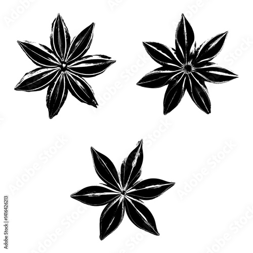 Star anise silhouettes set , spices black silhouette for logo. vector illustration isolated on a transparent background