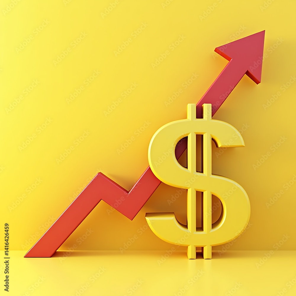 Dollar Sign in Yellow With a Red Increasing Line on Yellow Background Dollar Sign in Yellow With a Red Increasing Line on Yellow Background