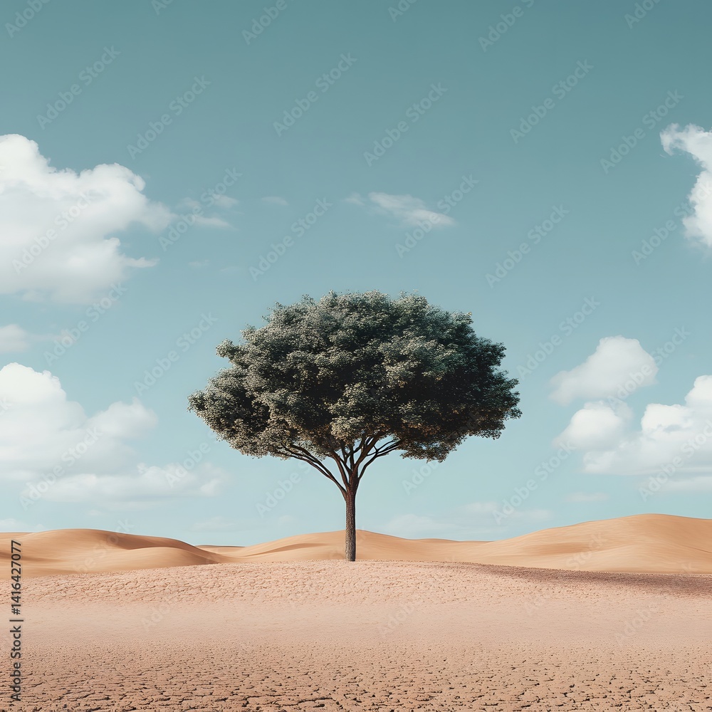 Fototapeta premium Lone tree in desert landscape under a pale sky