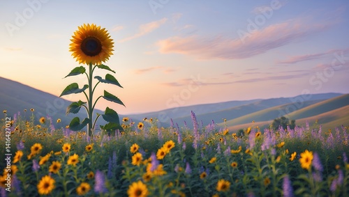 Sunflower field with hills at sunset