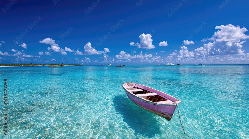 Serene boat floating on crystal clear ocean water peaceful vacation travel photography Serene boat floating on crystal clear ocean water peaceful vacation travel photography