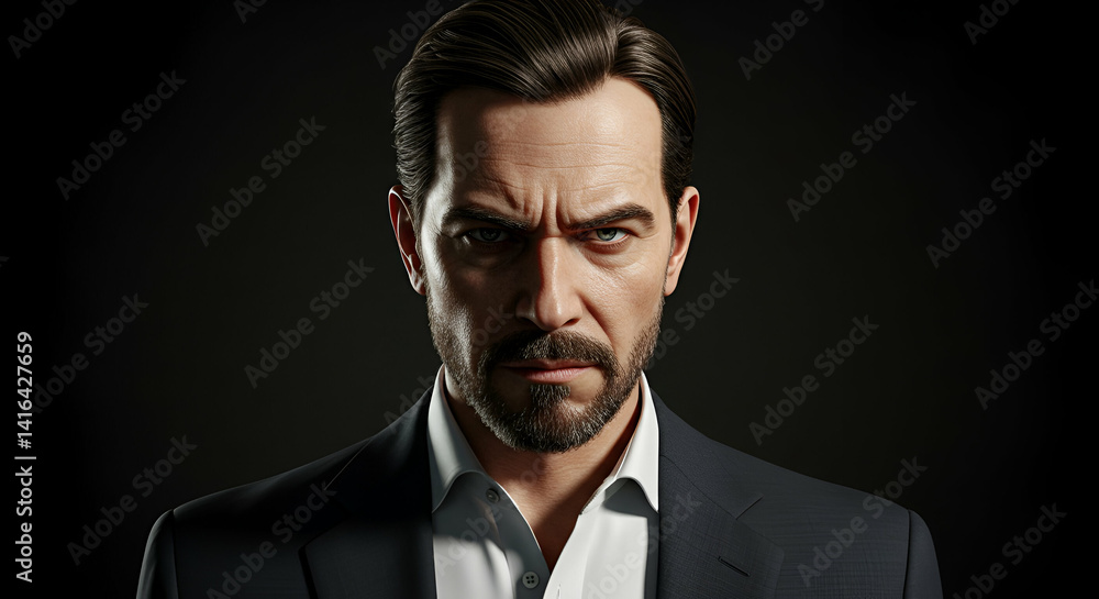Man Wearing Suit with Stern Expression Against Dark Background Man Wearing Suit with Stern Expression Against Dark Background