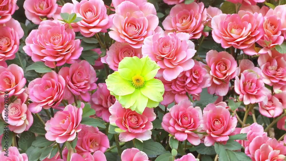 High key lighting video zooms out to reveal a luxurious wall with a bright lime snapdragon among pink snapdragons, featuring delicate blooms High key lighting video zooms out to reveal a luxurious wall with a bright lime snapdragon among pink snapdragons, featuring delicate blooms