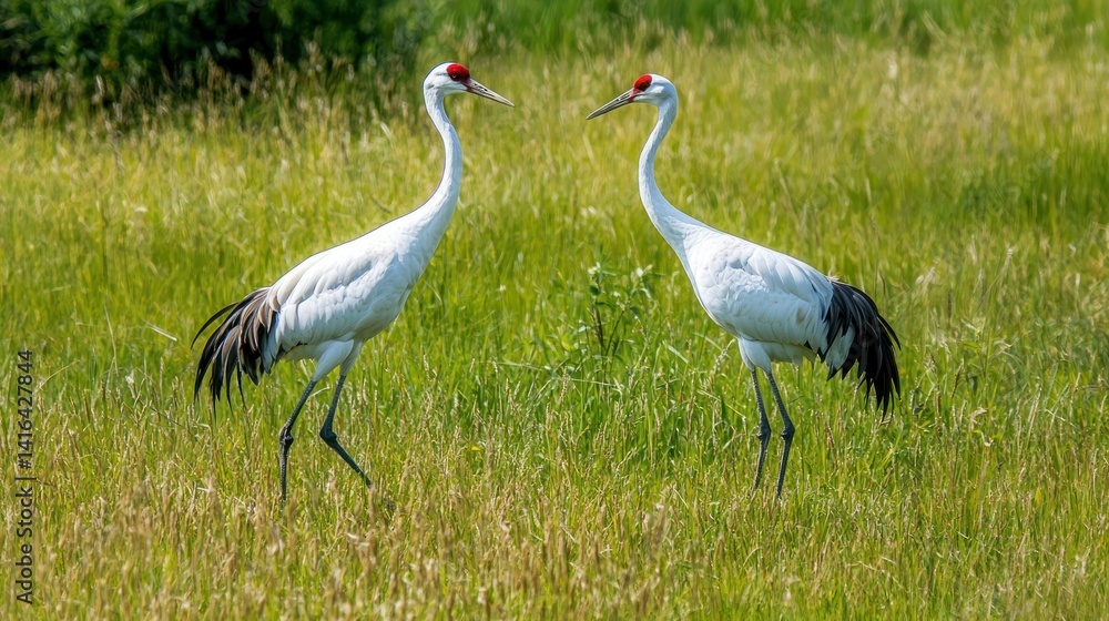 Two Japanese cranes performing a courtship dance in a peaceful meadow. Two Japanese cranes performing a courtship dance in a peaceful meadow.