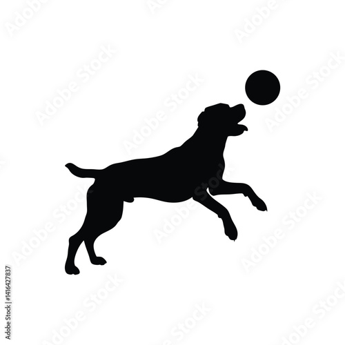 Dog chasing ball silhouette vector on white