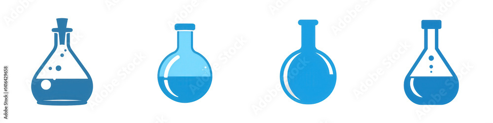 A collection of blue laboratory glassware including flasks and beakers, showcasing various shapes and sizes, ideal for scientific and educational uses isolated on white or transparent png A collection of blue laboratory glassware including flasks and beakers, showcasing various shapes and sizes, ideal for scientific and educational uses isolated on white or transparent png