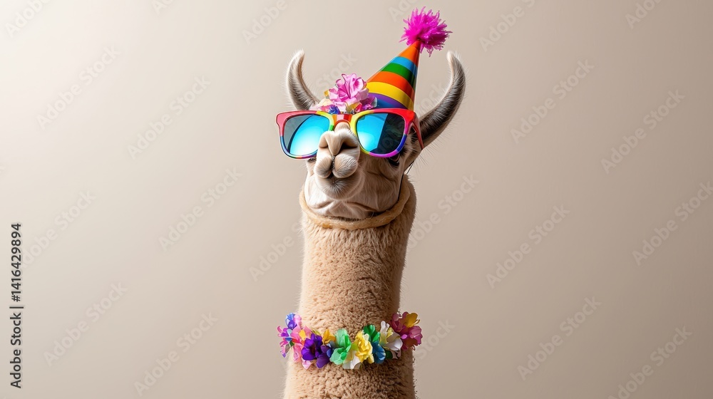 Fototapeta premium A llama wearing a party hat, colorful sunglasses, and a flower necklace, looking up, in front of a light background, balanced composition with ample copy space for text
