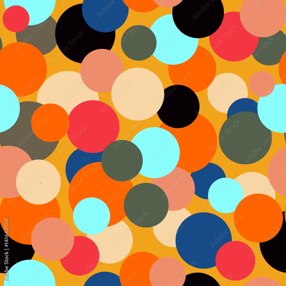 Bright multicolor dynamic circles, polka dots, confetti on yellow background Simple abstract geometric seamless pattern Festive design Bright multicolor dynamic circles, polka dots, confetti on yellow background Simple abstract geometric seamless pattern Festive design
