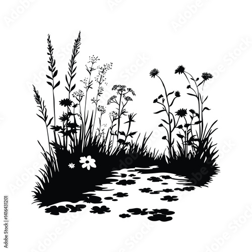 Meadow with an array of wildflowers silhouette