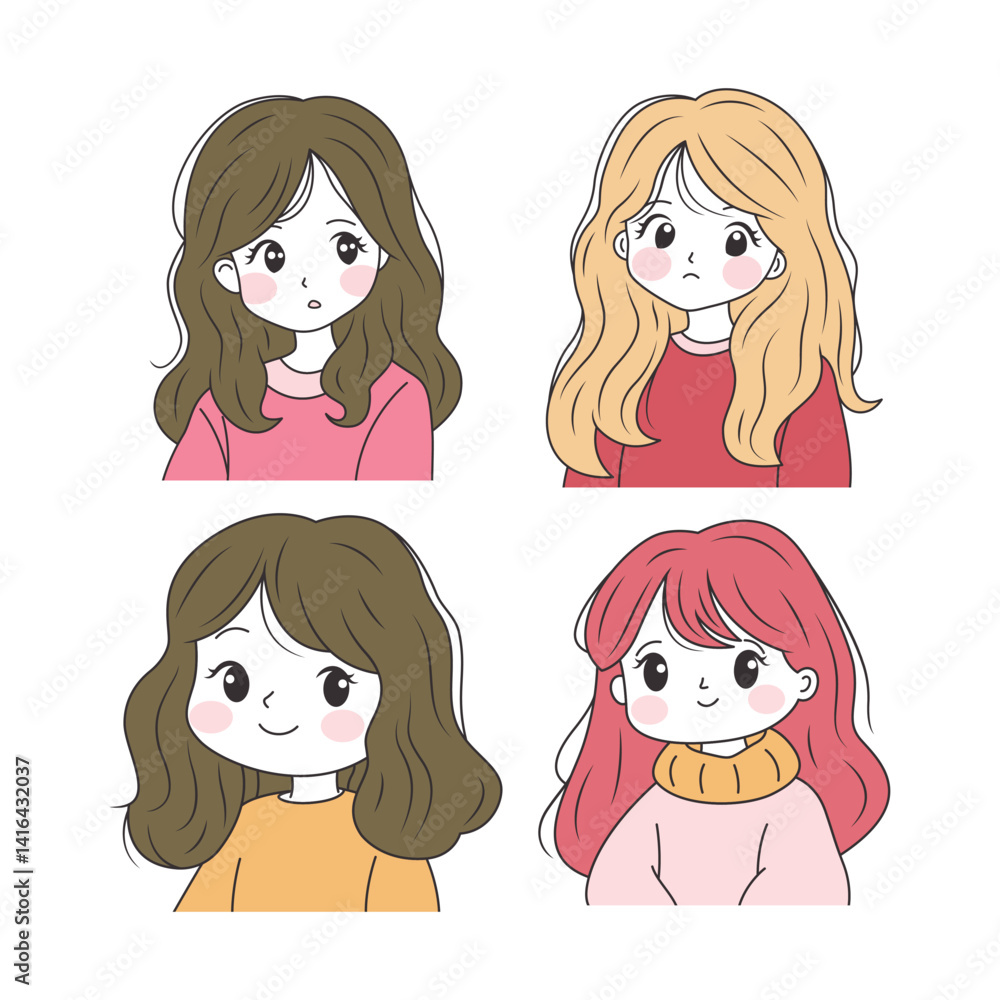 Flat Design Illustration Set of Adorable Pretty Young Girl Cartoon Character Wearing Casual Clothes Flat Design Illustration Set of Adorable Pretty Young Girl Cartoon Character Wearing Casual Clothes