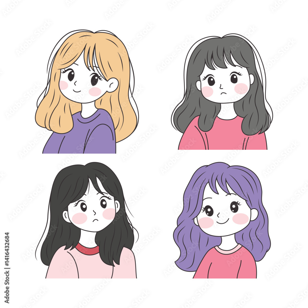 Flat Design Illustration Set of Adorable Pretty Young Girl Cartoon Character Wearing Casual Clothes Flat Design Illustration Set of Adorable Pretty Young Girl Cartoon Character Wearing Casual Clothes