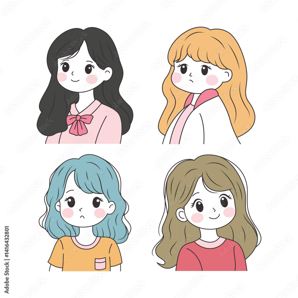 Flat Design Illustration Set of Adorable Pretty Young Girl Cartoon Character Wearing Casual Clothes Flat Design Illustration Set of Adorable Pretty Young Girl Cartoon Character Wearing Casual Clothes