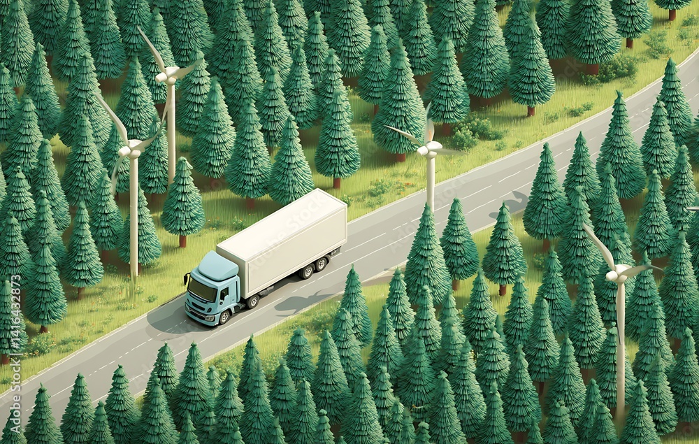 Fototapeta premium Blue Truck Driving on a Road Through a Lush Green Forest with Wind Turbines