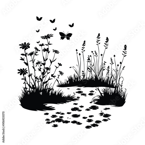 Meadow with an array of wildflowers minimalist silhouette