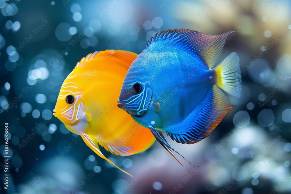 Naklejka premium Close up of colorful discus fish swimming amidst lush aquarium plants in a stunning underwater scene