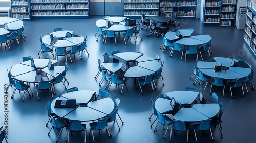 Tranquil learning environment with collaborative modular tables and open bookshelves