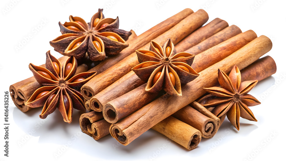 set cinnamon sticks and star anise seeds isolated set cinnamon sticks and star anise seeds isolated