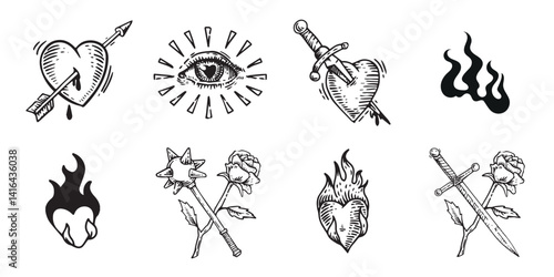 Old School Tattoo vector icon Set – Hearts, Fire & Skulls, Vintage Tattoo Elements – Hand Drawn Ink Style, Work Tattoo Symbols – Love, Death & Roses.
