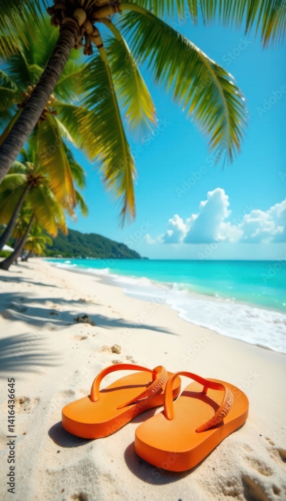 Orange flip flops on sandy beach with palm trees , sunset, sunny Orange flip flops on sandy beach with palm trees , sunset, sunny