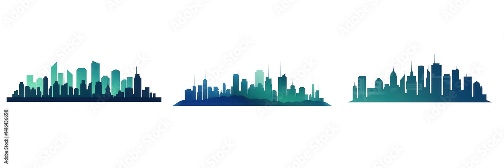 A vibrant skyline illustration showcasing a cityscape with modern buildings, layered in shades of blue and green, ideal for urban-themed projects isolated on white or transparent png A vibrant skyline illustration showcasing a cityscape with modern buildings, layered in shades of blue and green, ideal for urban-themed projects isolated on white or transparent png