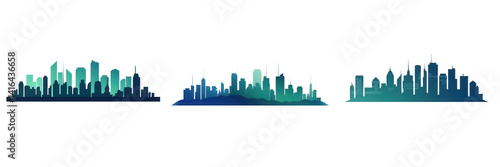A vibrant skyline illustration showcasing a cityscape with modern buildings, layered in shades of blue and green, ideal for urban-themed projects isolated on white or transparent png