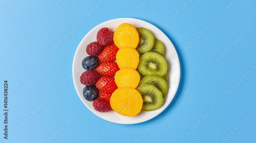 A colorful arrangement of various fruits on a white plate against a blue background, showcasing a vibrant and healthy snack option. A colorful arrangement of various fruits on a white plate against a blue background, showcasing a vibrant and healthy snack option.