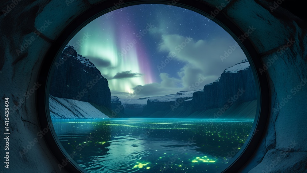 Fototapeta premium Aurora view from window over lake
