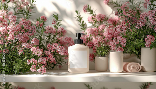 Beige Pump Bottle Mockup with Pink Flowers and Rolled Towel on White Shelf