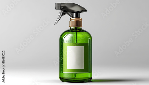 Green Glass Spray Bottle Mockup with Blank Label, Luxury Cosmetic Packaging