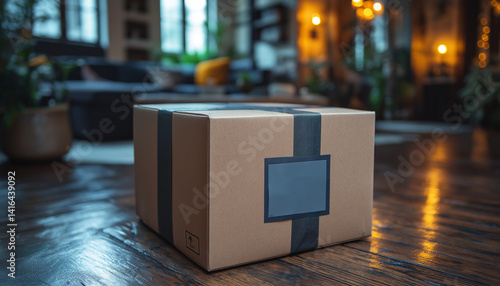 Cardboard Box with Blank Label on Dark Wooden Floor in Modern Home