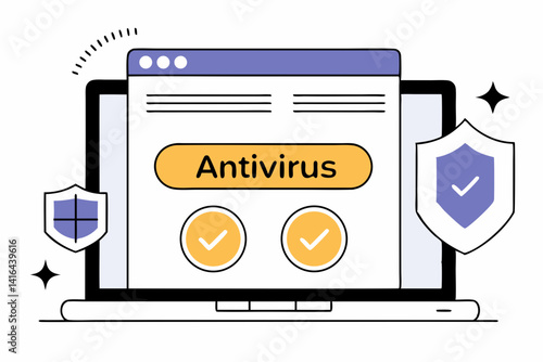 Antivirus Software Interface Illustration	Vector of antivirus UI with shield, checkmark, and clean layout, suitable for software branding or blog articles.