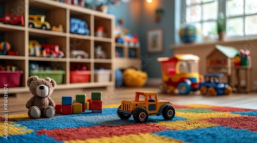 Playroom with toys and colorful rug