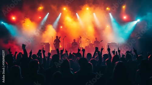 energetic live music concert with a crowd silhouetted against vibrant stage lighting dynamic and colorful lights create an electrifying experience for audience concepts.