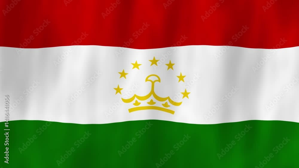 Tajikistan flag country animation 3D symbol design waving in wind movement national patriotism world culture emblem banner republic Central Asia red white green stripes yellow emblem crest Tajikistan flag country animation 3D symbol design waving in wind movement national patriotism world culture emblem banner republic Central Asia red white green stripes yellow emblem crest