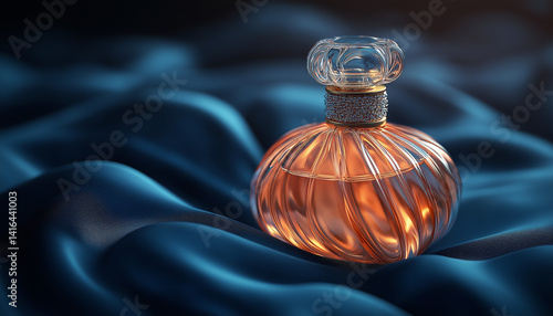 Luxurious Amber Perfume Bottle on Blue Silk Fabric