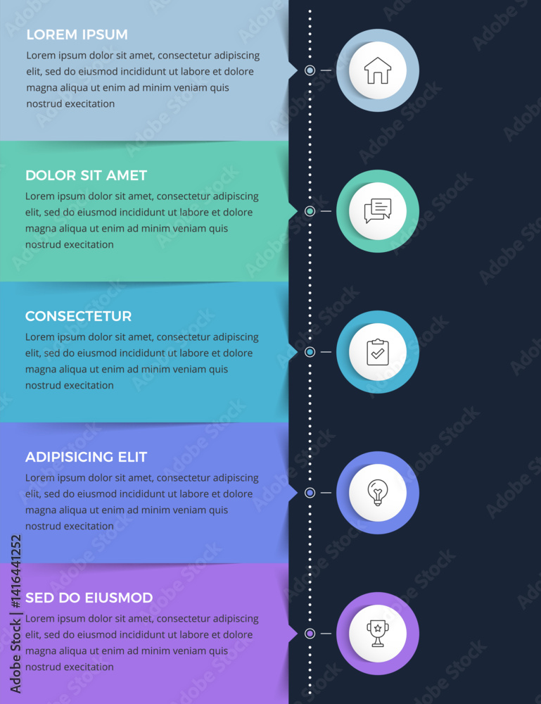 Fototapeta premium Infographic template with five rectangles for your text arranged vertically, infographics of a process, steps or workflow, dark background, vector eps10 illustration