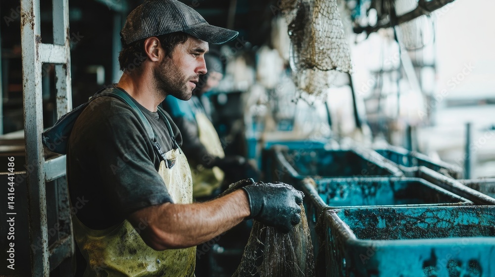 Seafood Business Boost: Fisherman Sorting Catch - Fresh seafood, hardworking fisherman, sustainable fishing, ocean bounty, thriving business Seafood Business Boost: Fisherman Sorting Catch - Fresh seafood, hardworking fisherman, sustainable fishing, ocean bounty, thriving business