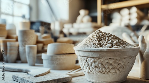 Creative Pottery Workshop Ambiance with Unfinished Clay Pieces and Supplies