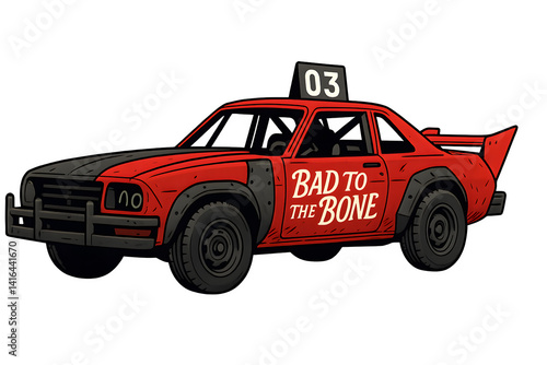 Rotes Derbyauto mit „Bad to the Bone“-Schriftzug und Nummer 03