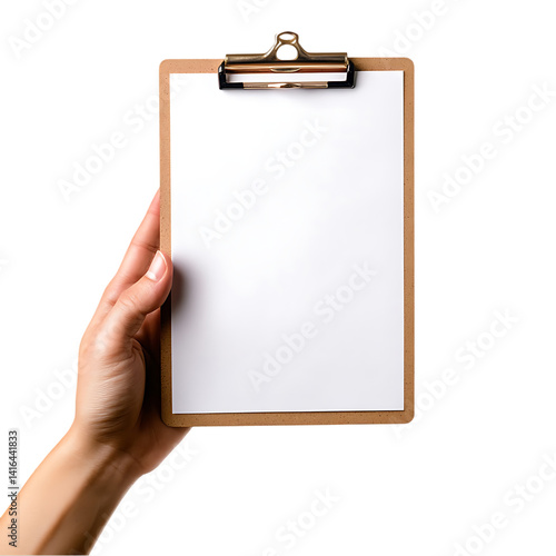 Hand holding clipboard with blank paper