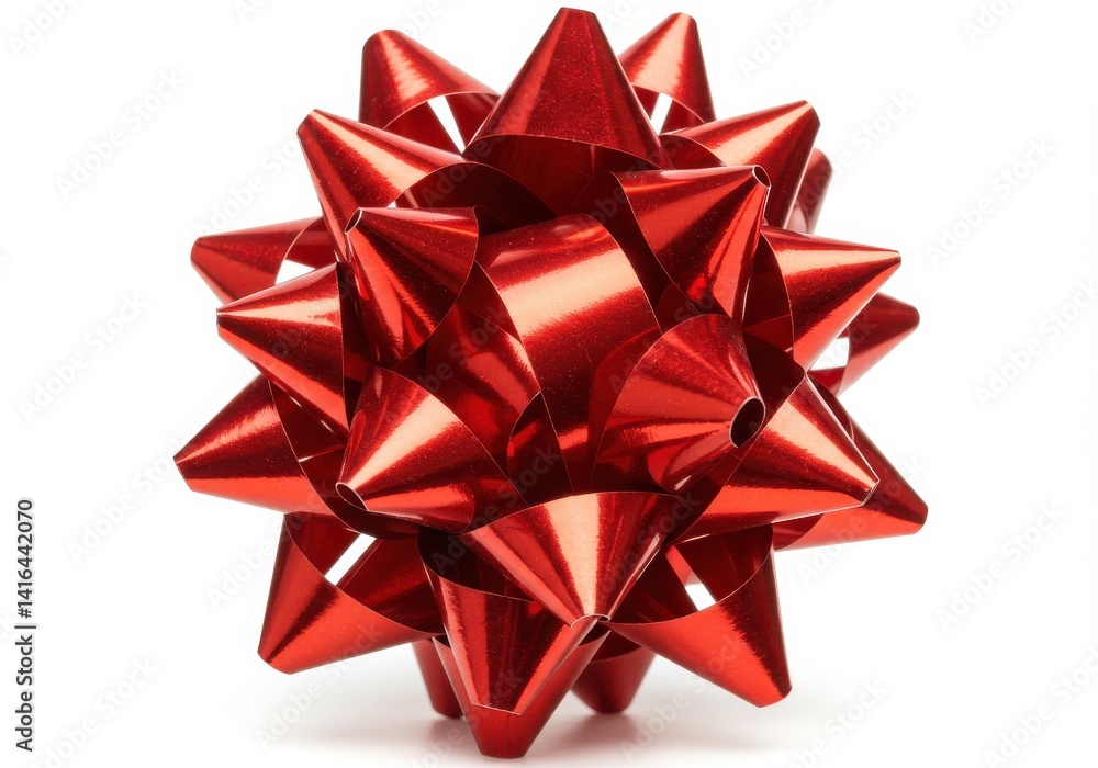 A shiny red gift bow with many points sitting on a white surface in a studio setting perfectly centered