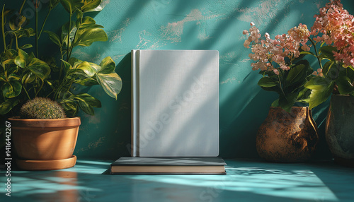 Mockup: Blank White Book Cover with Hydrangeas and Plants on Teal Background