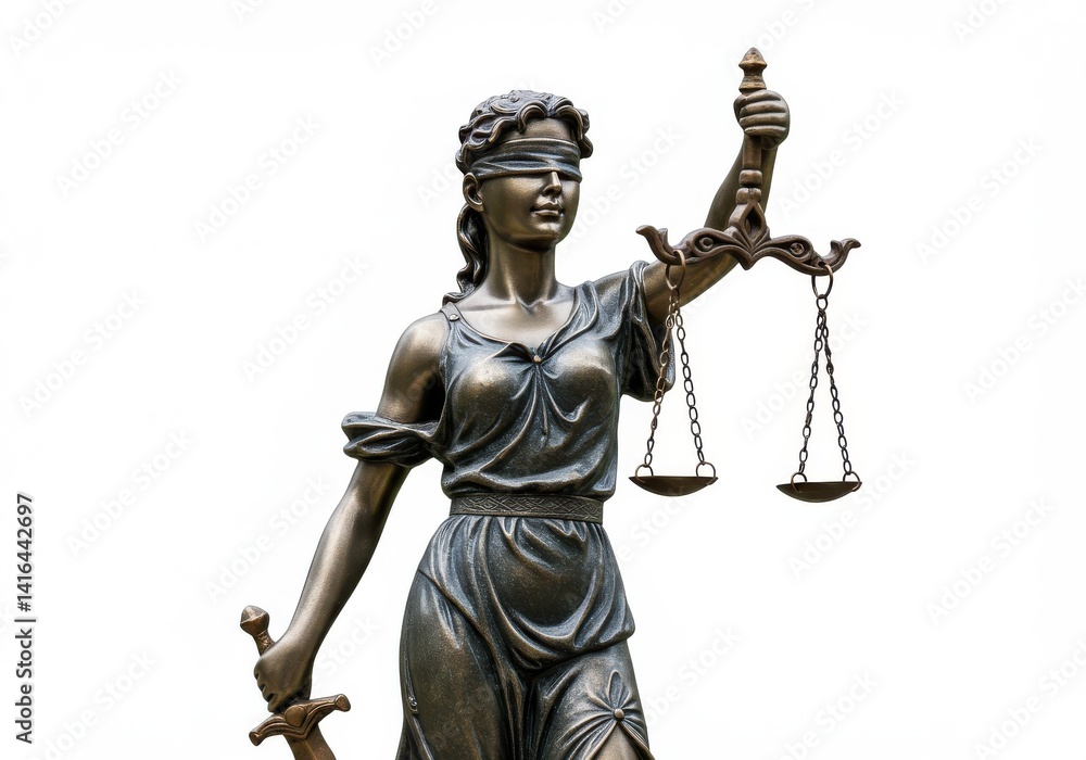 Statue of lady justice holding scales and sword with a blindfold on a white background image view Statue of lady justice holding scales and sword with a blindfold on a white background image view