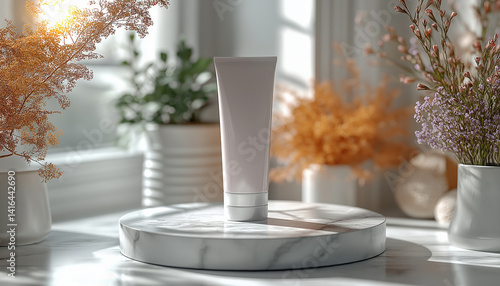 White Cosmetic Tube Mockup on Marble Display, Sunlit Minimalist Setting