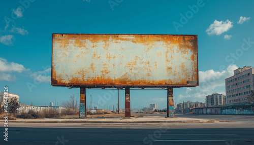 Rusty Blank Billboard on Urban Street, Sunny Day
