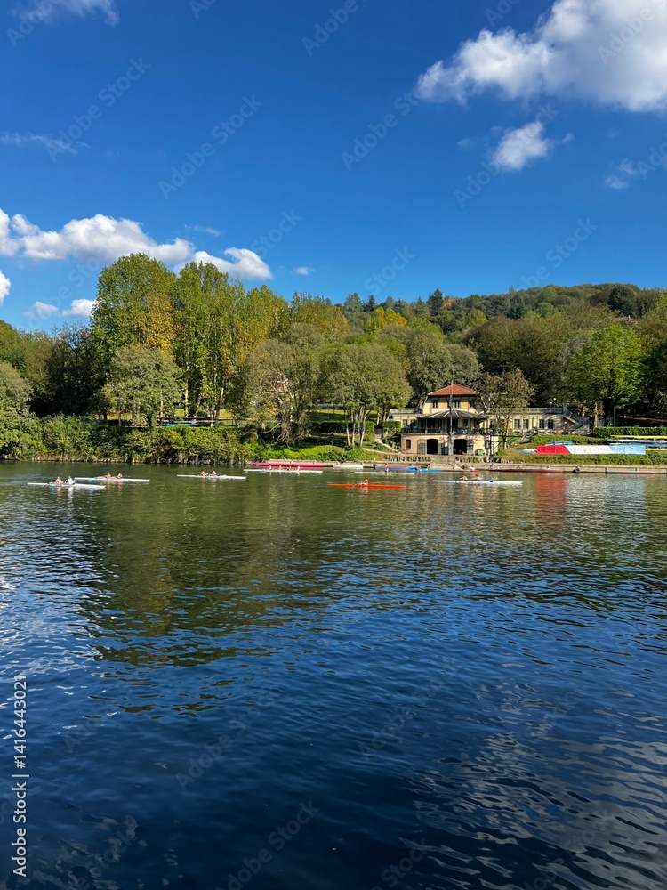 Fototapeta premium River Boathouse Panorama: Torino, Italy
